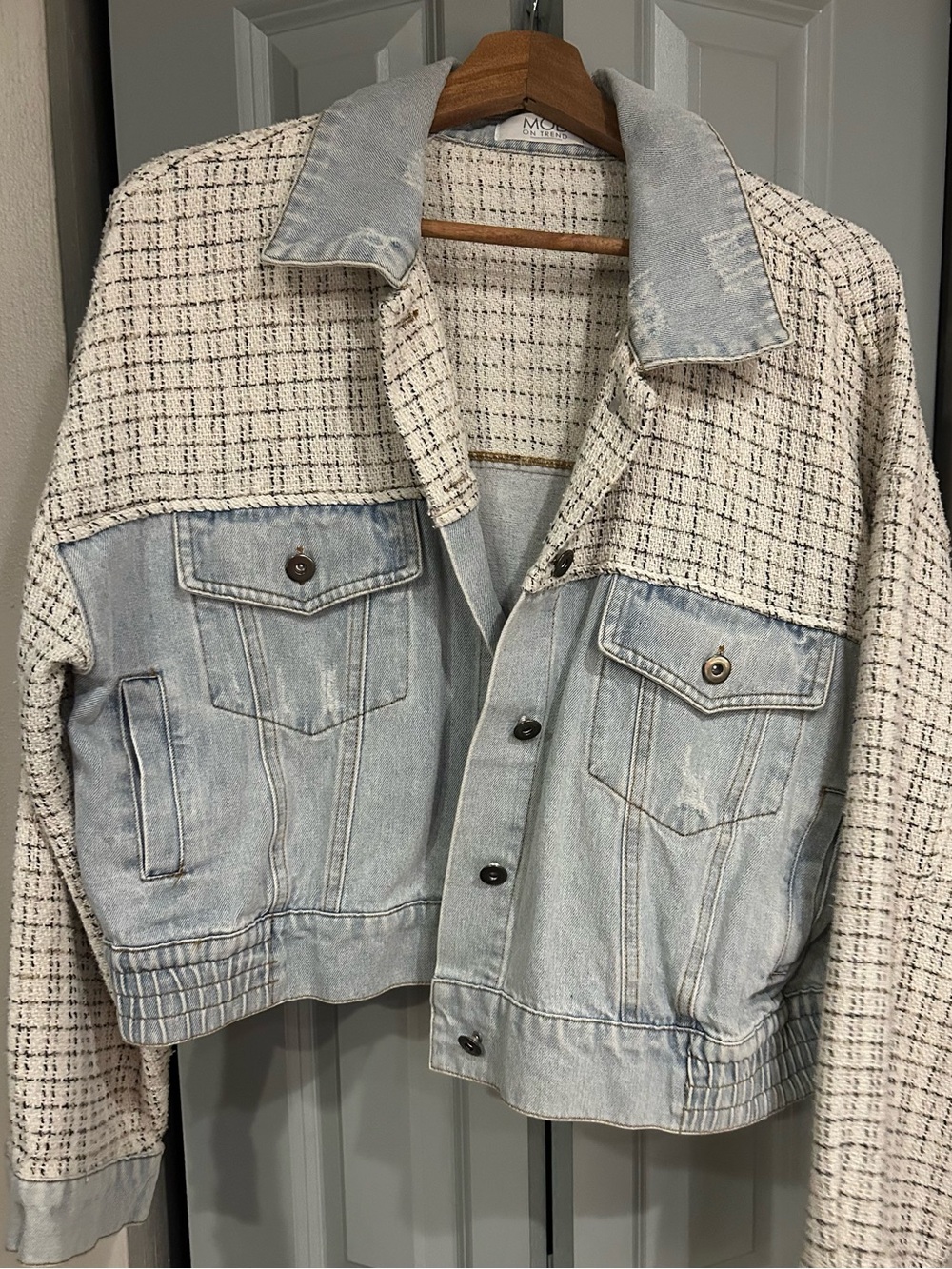 Light Blue Denim & Cream Tweed Mixed-Media Jean Jacket